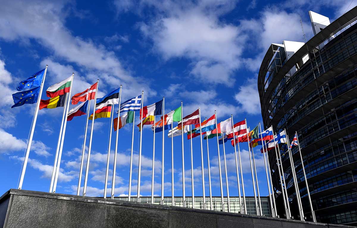 Flags in front of EP building in Strasbourg