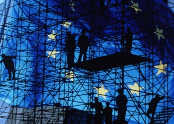 European flag on metal scaffolding background