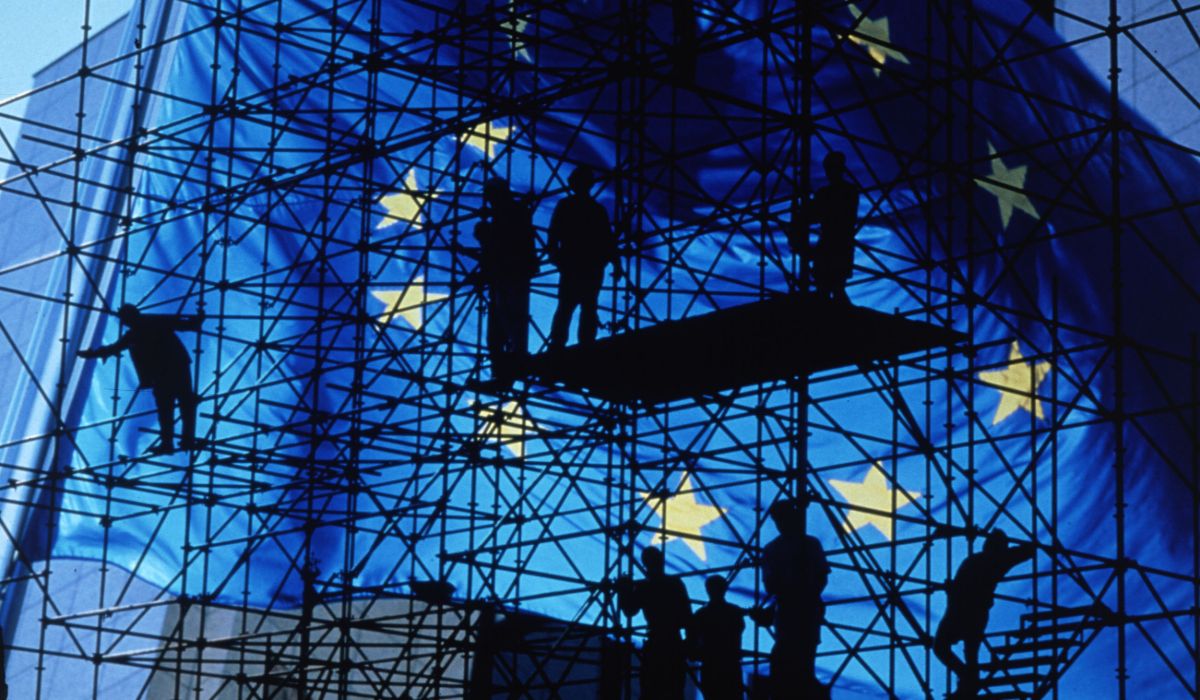 European flag on metal scaffolding background