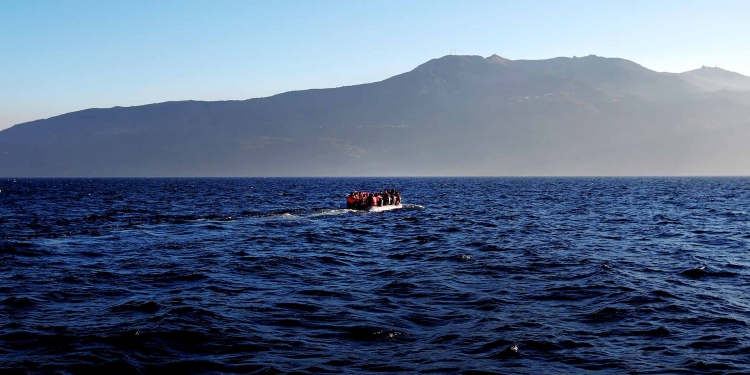 Boat of migrants crossing the Aegean Sea from Turkey to Greece