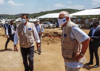 Josep Borrell, on the right, and Janez Lenarčič, on the left, during a visit to the Qoloji Camp for Internally Displaced People, Ethiopia