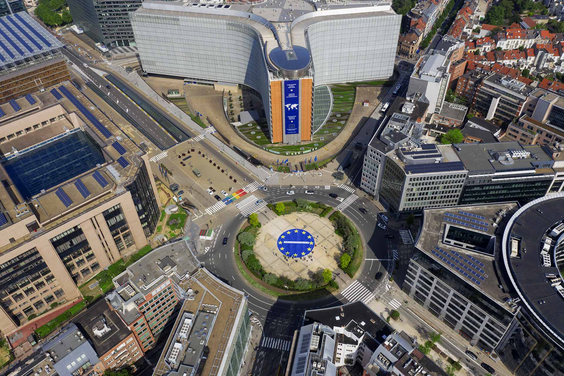 Aerial view of Rond-Point Schuman and the Berlaymont building