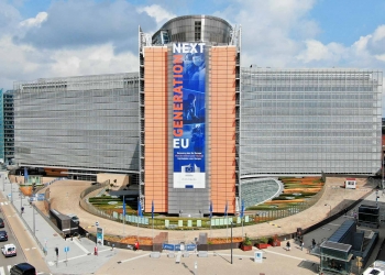 The banner -Recovery Plan for Europe- on the front of the Berlaymont building - MFF Budget and NextGenerationEU