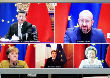 Xi Jinping, Charles Michel, Angela Merkel, Emmanuel Macron, Ursula von der Leyen