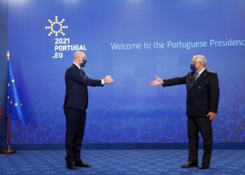 António Costa Portuguese Prime Minister eudebates with Charles Michel EU Council President in Lisbon