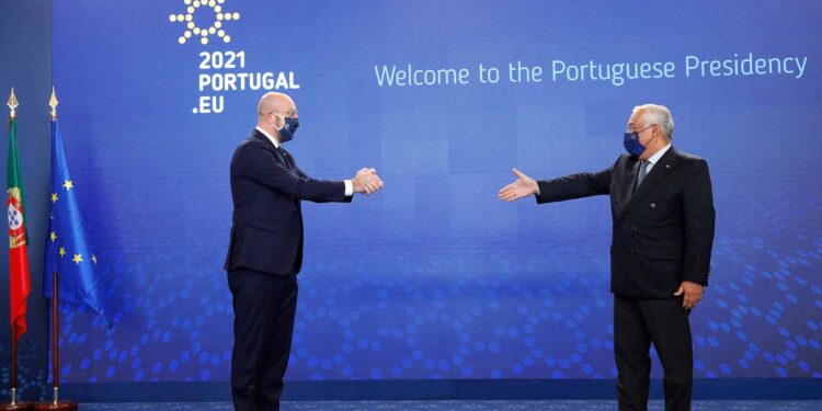 António Costa Portuguese Prime Minister eudebates with Charles Michel EU Council President in Lisbon