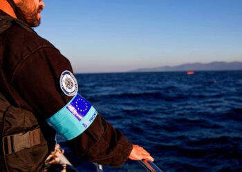 Frontex agency, during on a patrol on board in Greek island of Lesbos