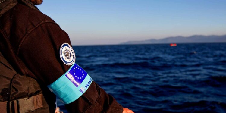 Frontex agency, during on a patrol on board in Greek island of Lesbos
