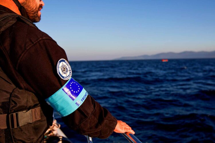 Frontex agency, during on a patrol on board in Greek island of Lesbos