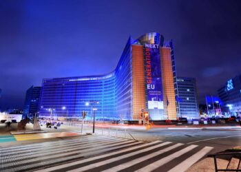 The Berlaymont building lit up in blue on 24 October 2020 to commemorate the 75th anniversary of the United Nations