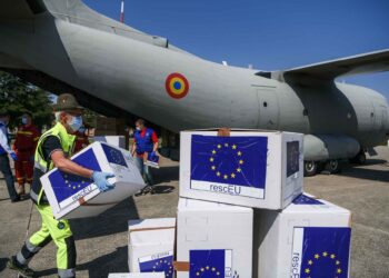 A Military airplane from Bucharest, Romania arrives in Milan, Italy bringing in DPI protections, part of Operation RescEU in the context of the COVID-19 pandemic