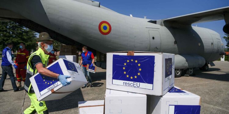 A Military airplane from Bucharest, Romania arrives in Milan, Italy bringing in DPI protections, part of Operation RescEU in the context of the COVID-19 pandemic