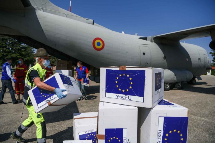 A Military airplane from Bucharest, Romania arrives in Milan, Italy bringing in DPI protections, part of Operation RescEU in the context of the COVID-19 pandemic