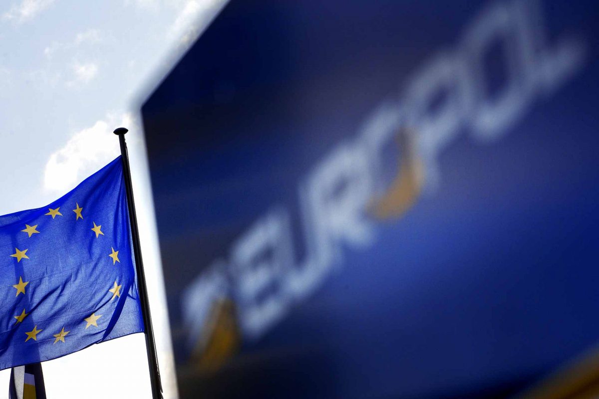 European flag in front of the Europol building